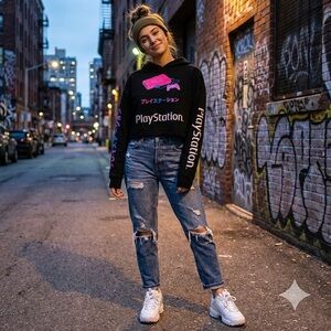 PlayStation Retro Graphic Hoodie – Iconic Pink Console Design & Katakana (M)